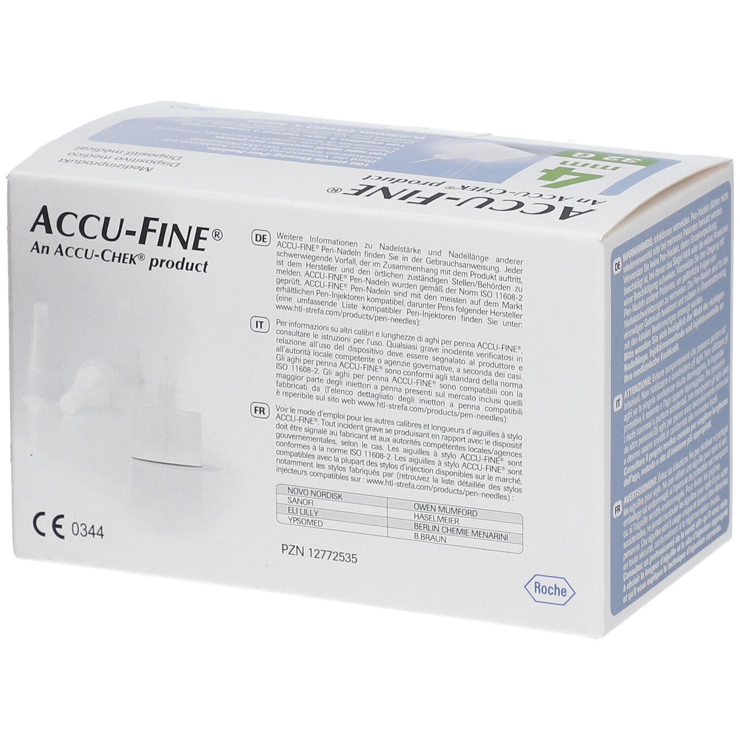 Dos de la boîte d'aiguilles ACCU-FINE®. Texte multilingue. Marquage CE.