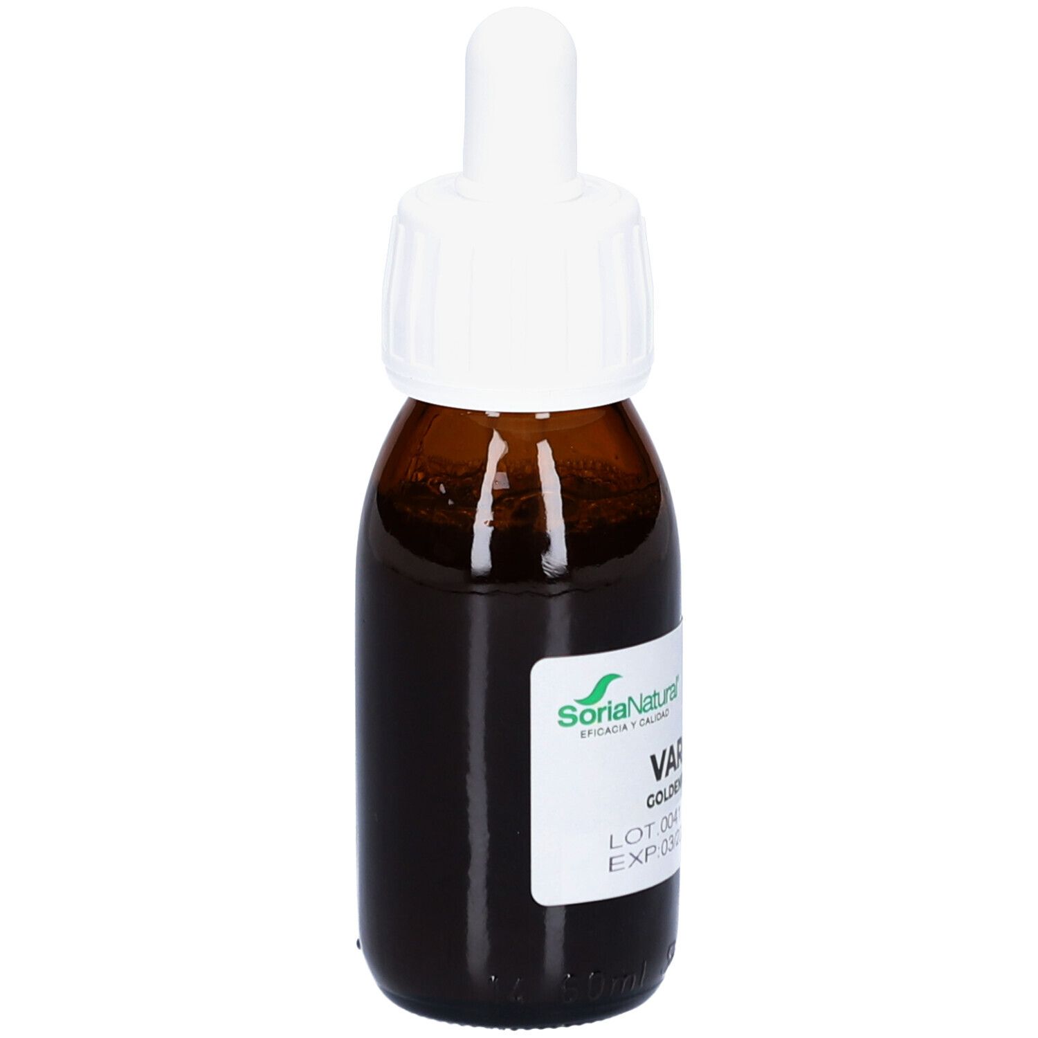 Braune Glasflasche mit weißem Deckel und Pipette. Etikett mit Produktnamen und Marke Soria Natural. Aufschrift: Vara de Oro.