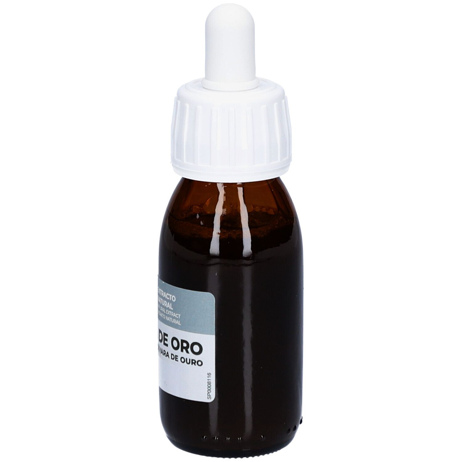 Braune Glasflasche mit weißem Deckel und Pipette. Etikett mit Produktnamen und Marke Soria Natural. Aufschrift: Vara de Oro.