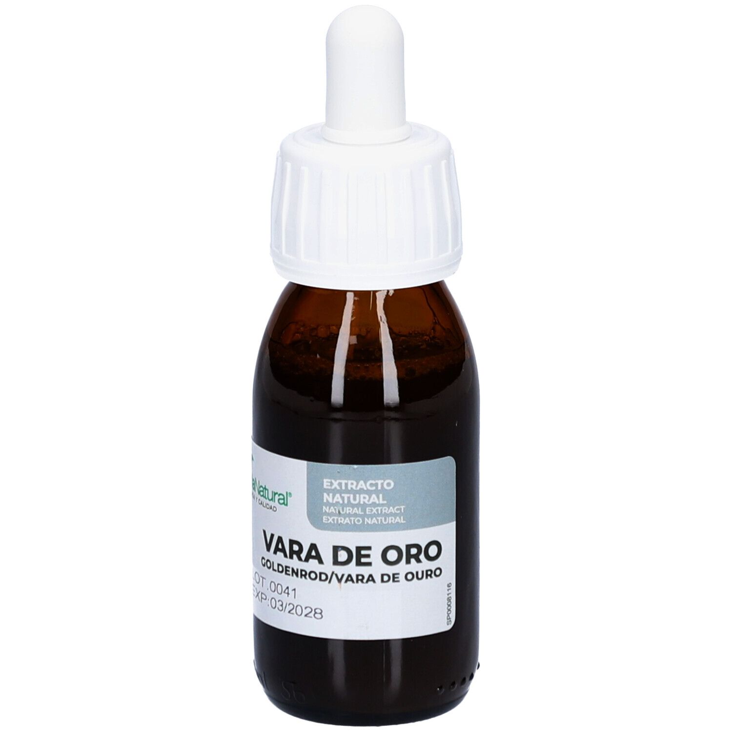 Braune Glasflasche mit weißem Deckel und Pipette. Etikett mit Produktnamen und Marke Soria Natural. Aufschrift: Vara de Oro.