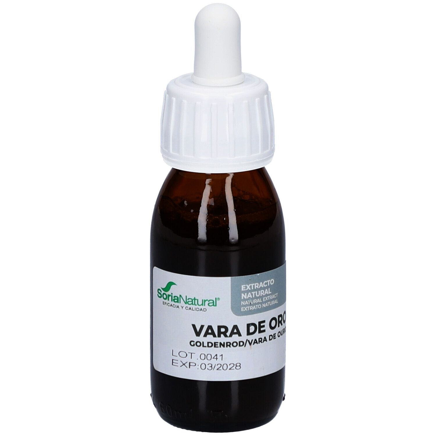 Braune Glasflasche mit weißem Deckel und Pipette. Etikett mit Produktnamen und Marke Soria Natural. Aufschrift: Vara de Oro.