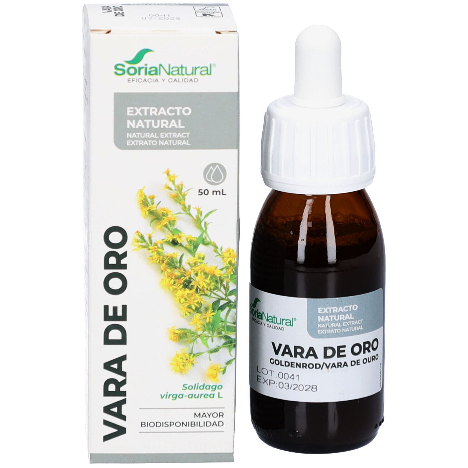 Braune Glasflasche mit weißem Deckel und Pipette, neben einer weißen Verpackung. Aufschrift: Vara de Oro, Marke Soria Natural.