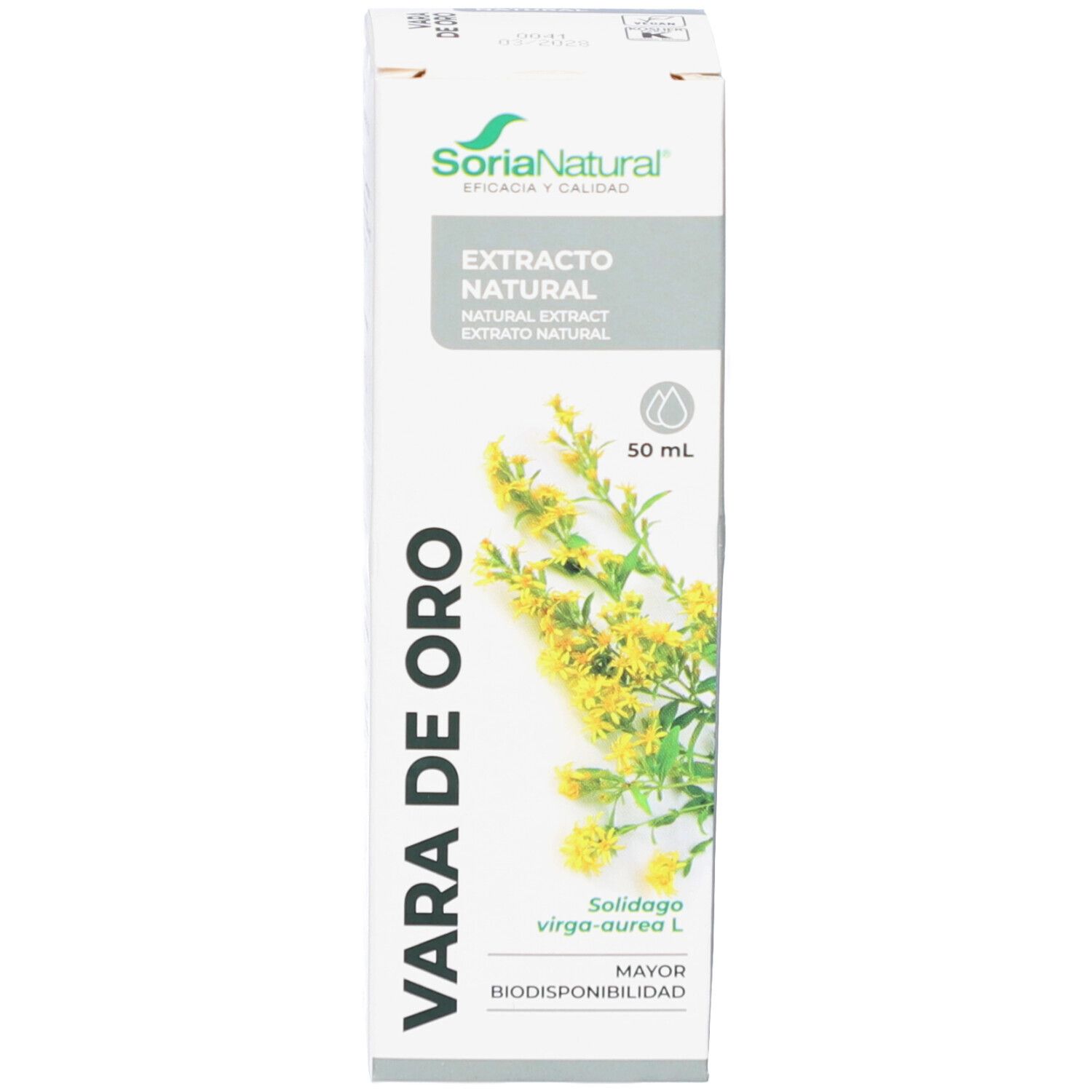 Weiße Verpackung mit Produktnamen und Marke Soria Natural. Abbildung von Goldrutenblüten. Aufschrift: Vara de Oro.