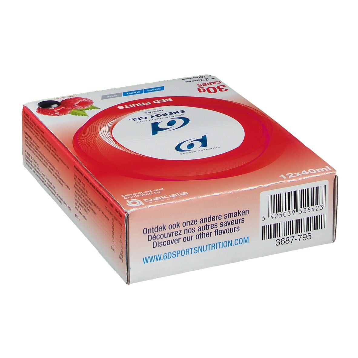 Boîte avec cercle rouge et texte 'Energy Gel Red Fruits'. Code-barres et adresse du site web. 12x40ml.