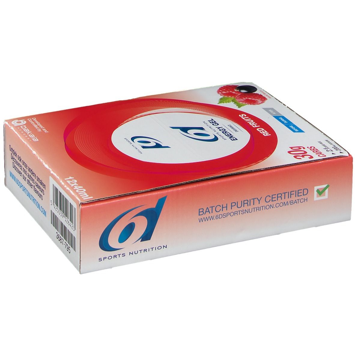 Boîte avec cercle rouge et texte 'Energy Gel Red Fruits'. Framboises et cassis illustrés. 'Batch Purity Certified'.
