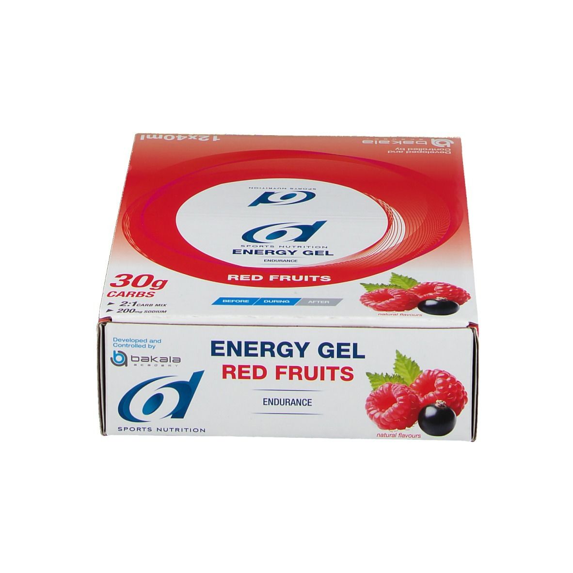 Boîte avec cercle rouge et texte 'Energy Gel Red Fruits'. Framboises et cassis illustrés. 'Endurance'.