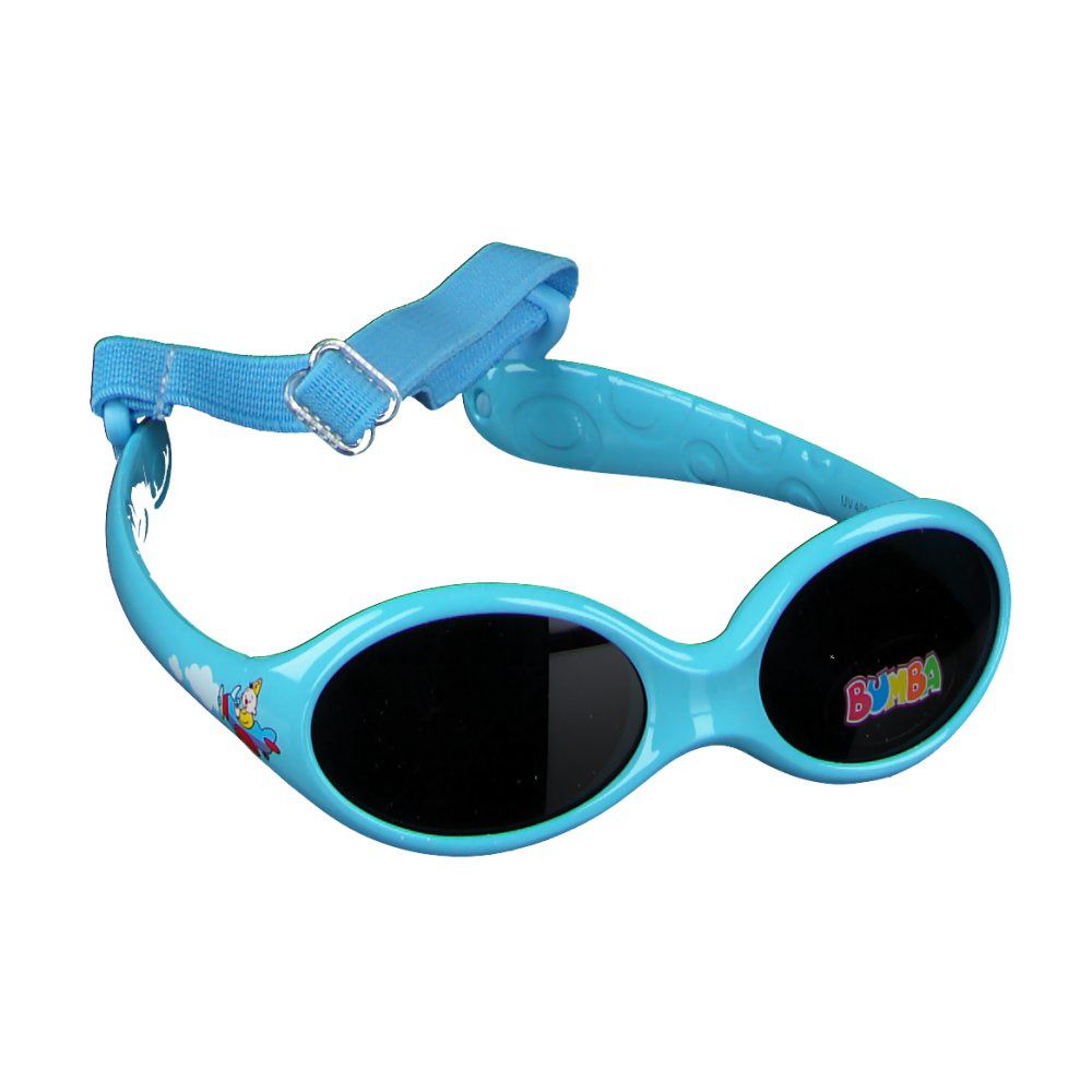 Lunettes de soleil bleu clair avec verres noirs. "BUMBA" sur la lentille droite. Avec sangle bleue.