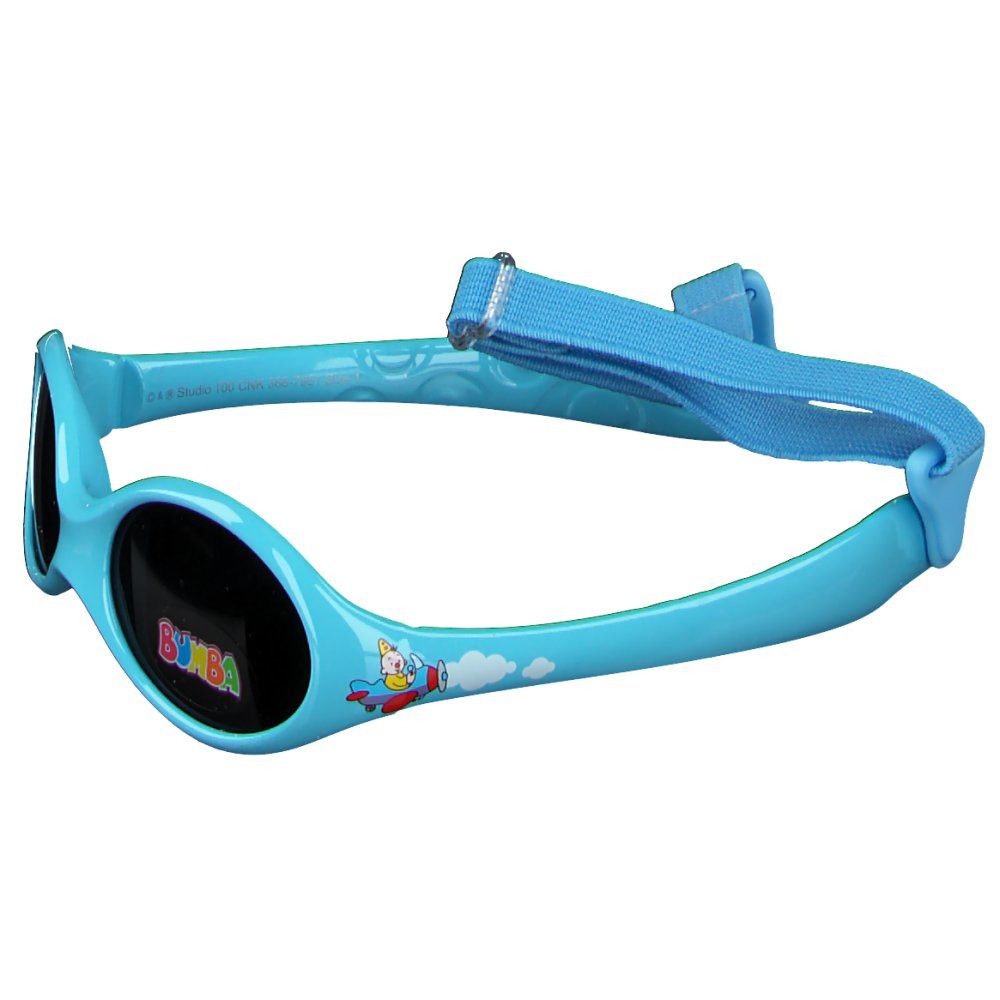 Lunettes de soleil bleu clair avec verres noirs. "BUMBA" sur la lentille droite. Avec sangle bleue.