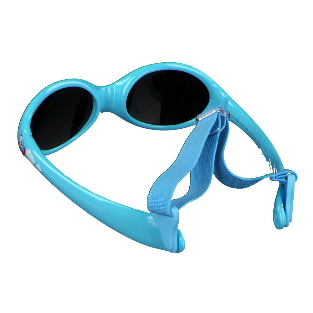 Lunettes de soleil bleu clair avec verres noirs. Avec sangle bleue. Vue de dessus.