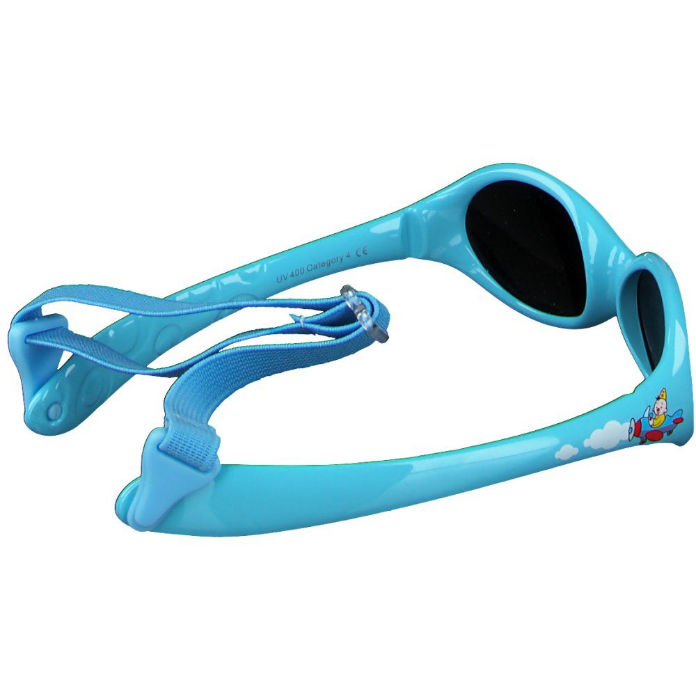 Lunettes de soleil bleu clair avec verres noirs. Avec sangle bleue. Vue de dessus.