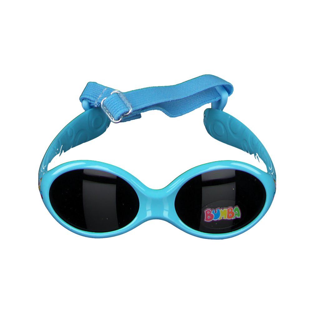 Lunettes de soleil bleu clair avec verres noirs. "BUMBA" sur la lentille droite. Avec sangle bleue.
