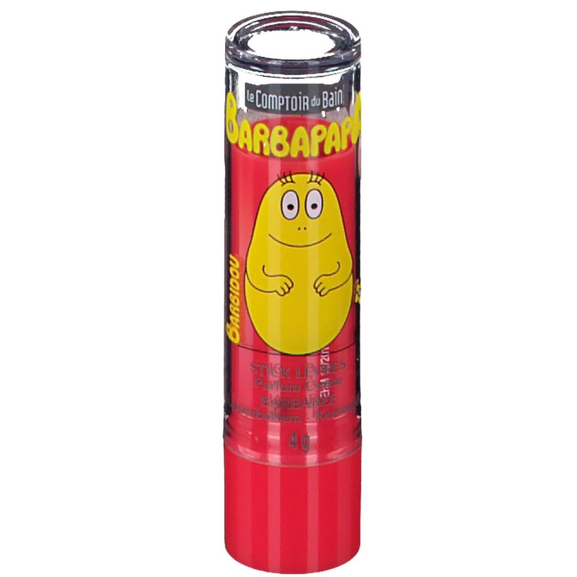 Stick à lèvres rouge avec couvercle transparent. Personnage Barbapapa jaune sur étui rouge. Inscription : Barbidou.