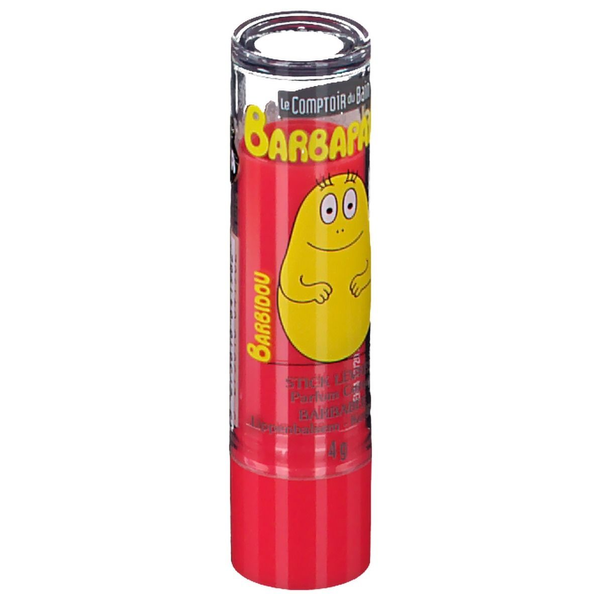 Stick à lèvres rouge avec couvercle transparent. Personnage Barbapapa jaune sur étui rouge. Inscription : Barbidou.