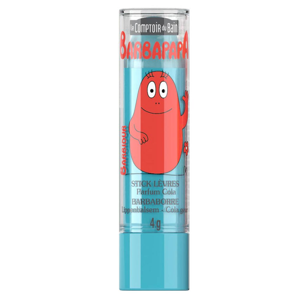 Lippenbalsam in transparenter Hülle. Roter Barbapapa-Charakter. Text: 'STICK LEVRES Parfum Cola'. 4g.