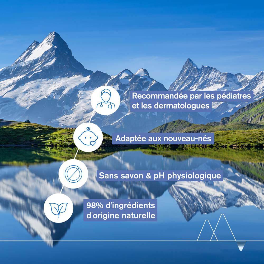 Flacon bleu, dos. Texte multilingue. Uriage Eau Thermale Bébé.