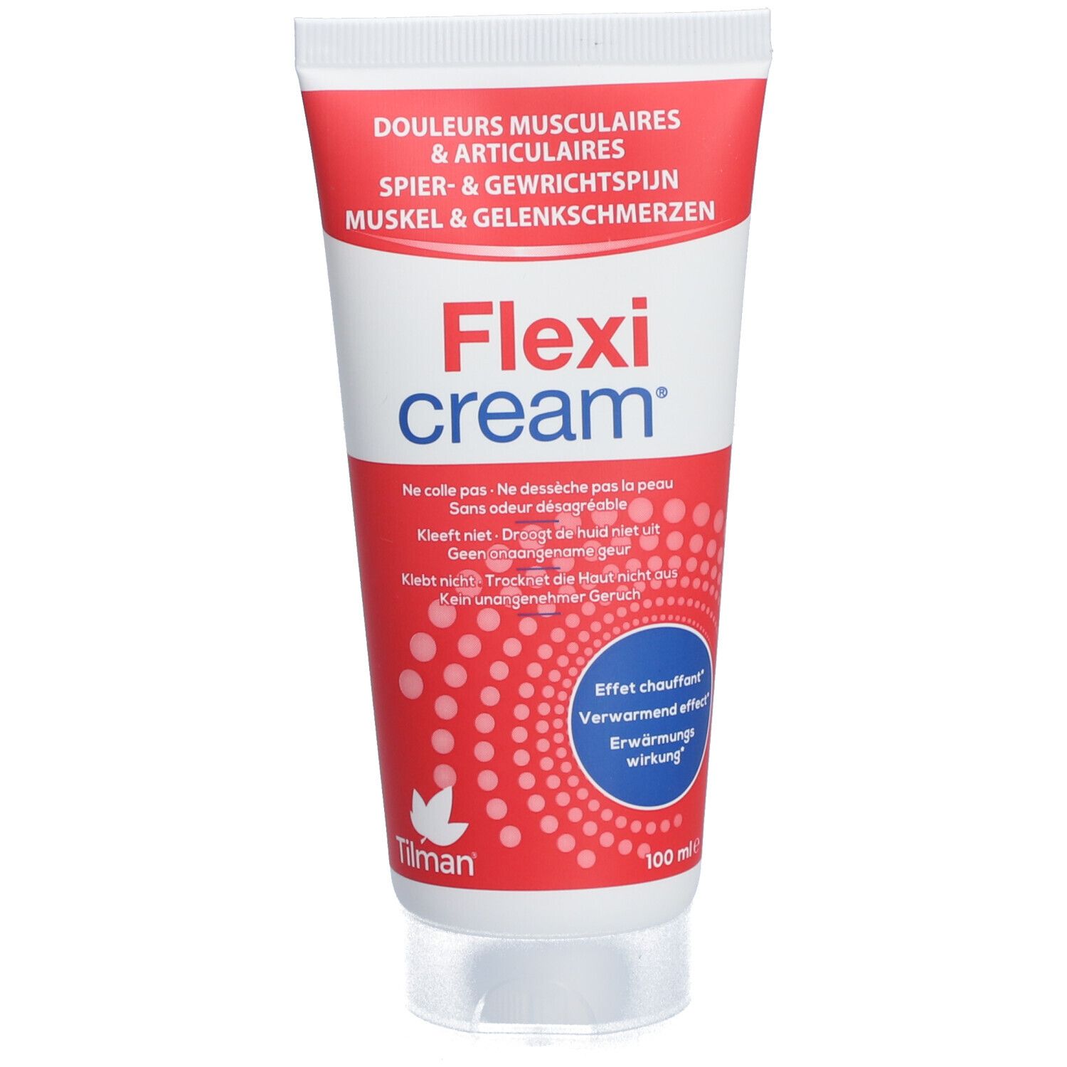 Creme-Tube. Flexi cream®-Logo. Aufschrift: Muskel- und Gelenkschmerzen. 100 ml.