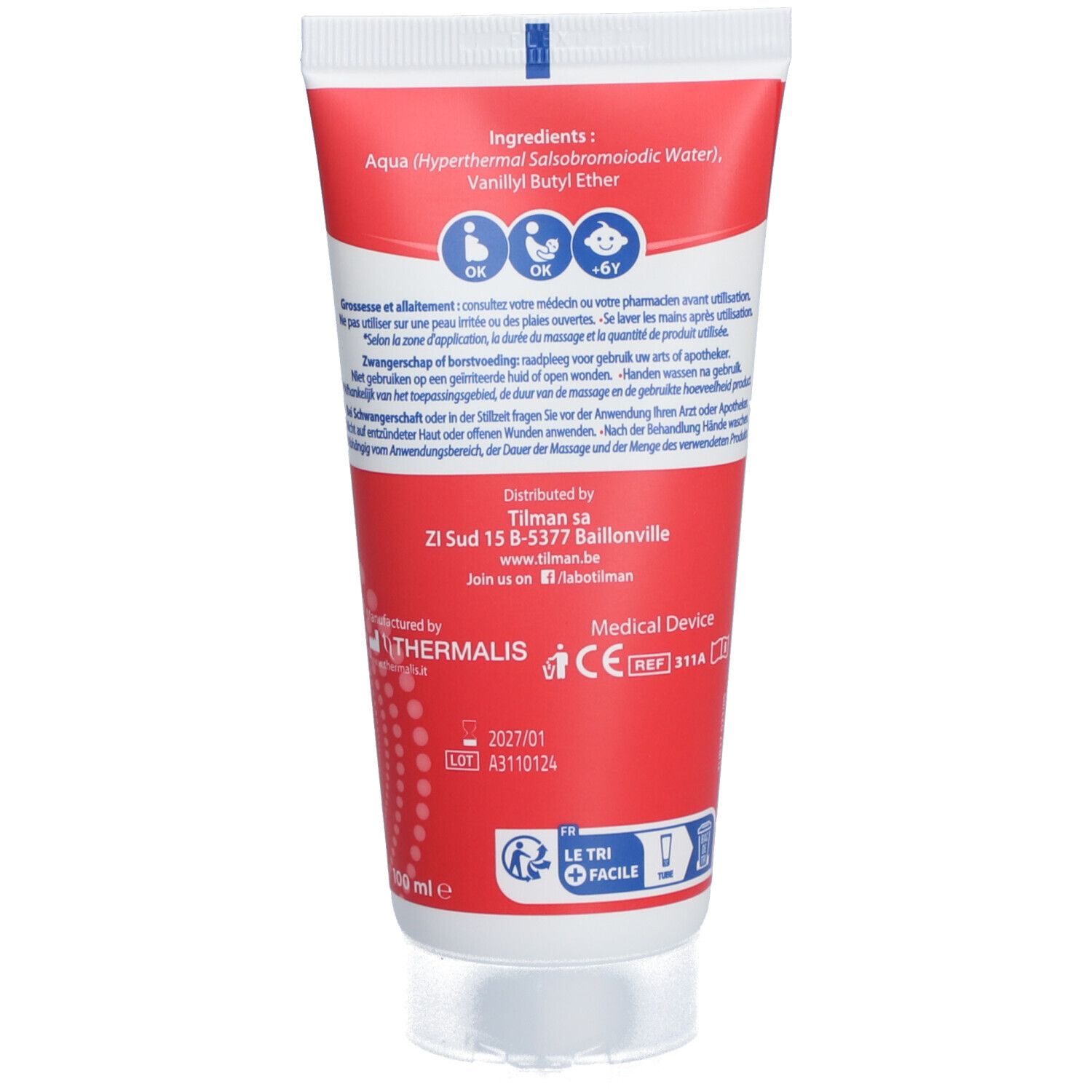 Rückseite der Creme-Tube. Inhaltsstoffe, Herstelleradresse, Chargennummer, CE-Kennzeichnung.