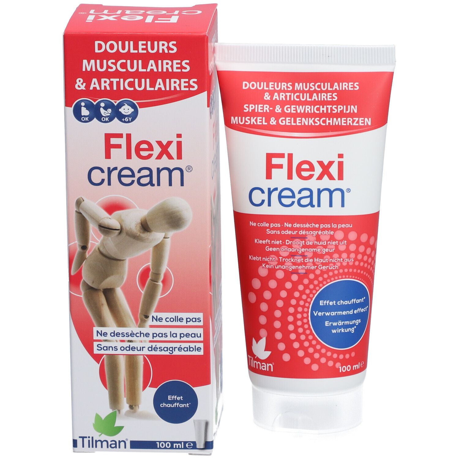 Creme-Tube und Schachtel. Flexi cream®-Logo. Aufschrift: Muskel- und Gelenkschmerzen. 100 ml.
