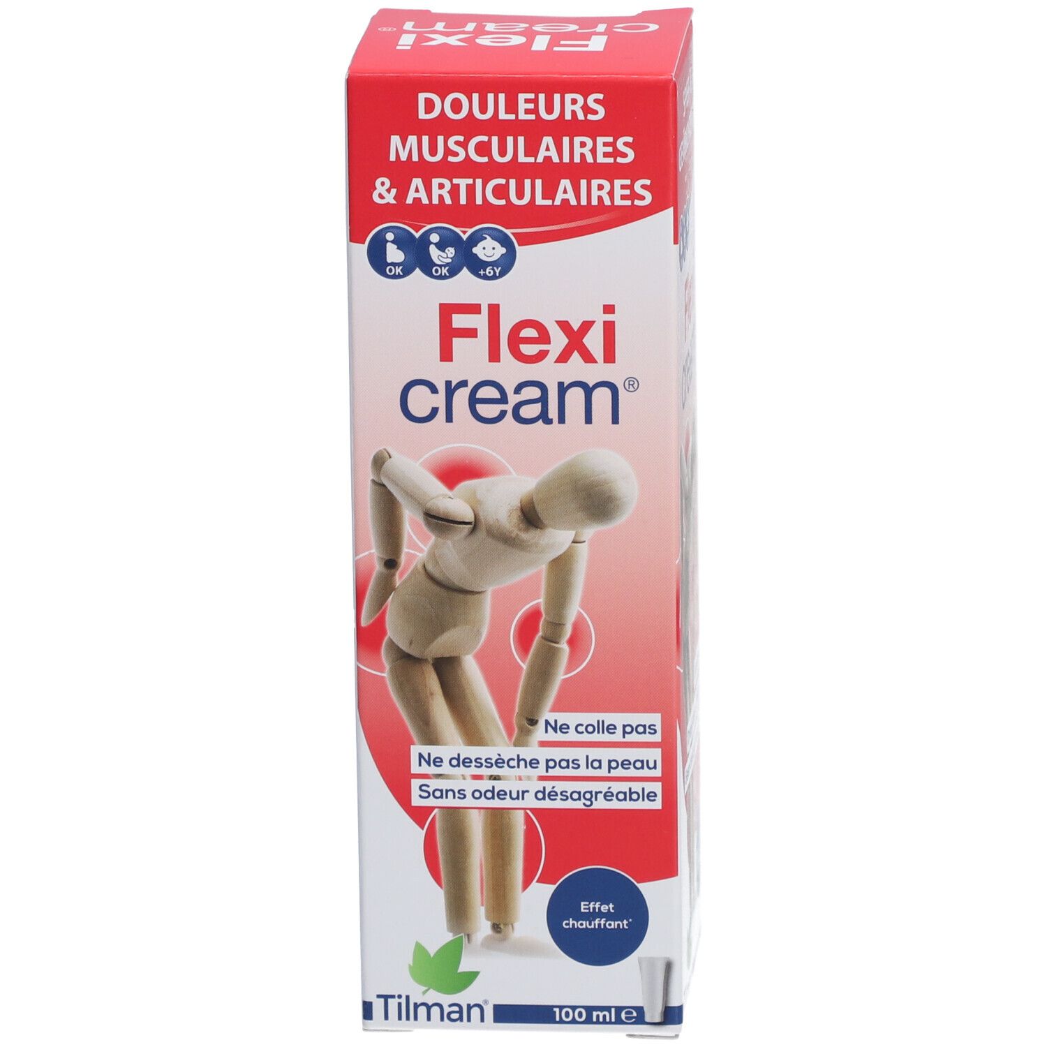 Creme-Tube und Schachtel. Flexi cream®-Logo. Aufschrift: Muskel- und Gelenkschmerzen. 100 ml.