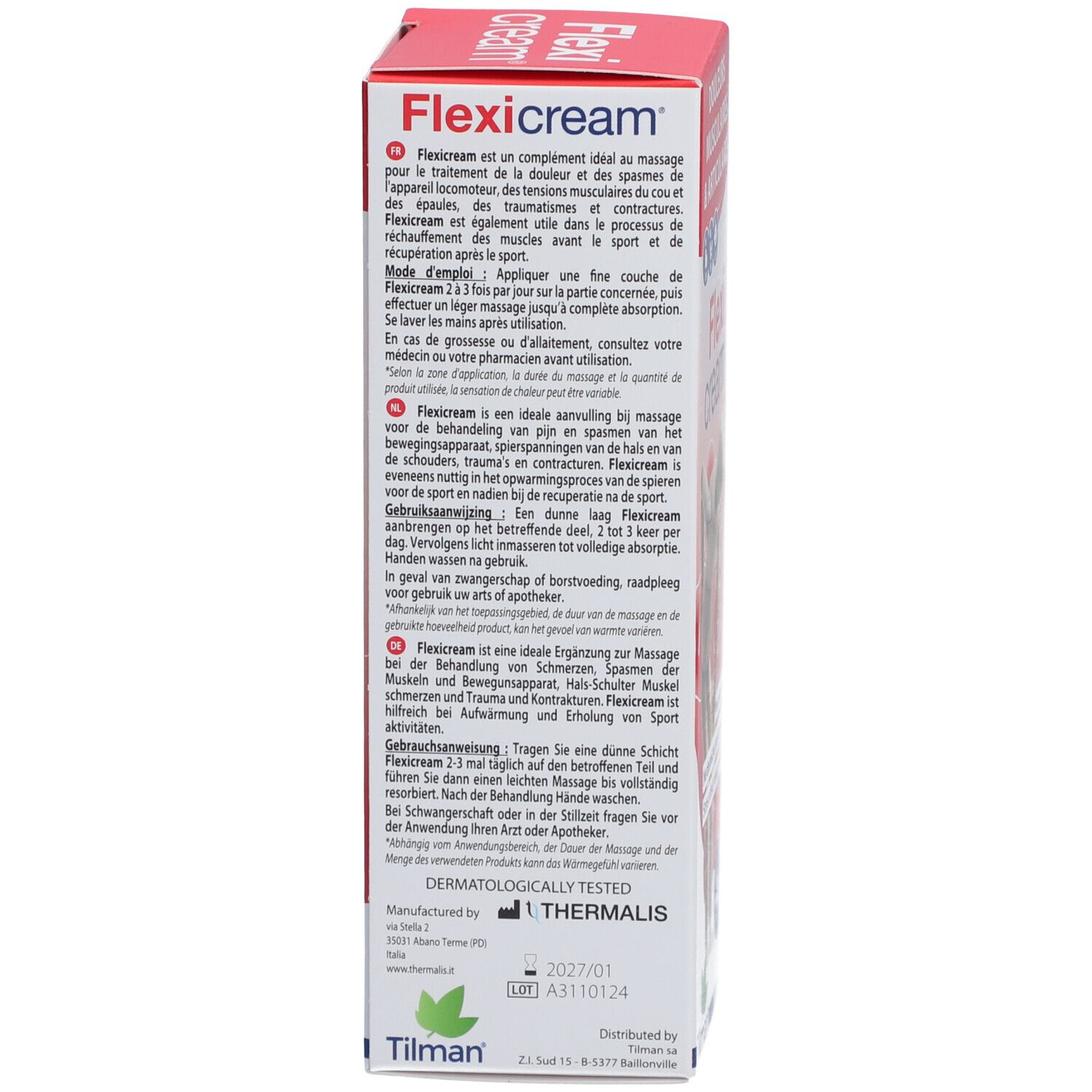 Rückseite der Schachtel. Text in mehreren Sprachen. Dermatologisch getestet. Chargennummer.