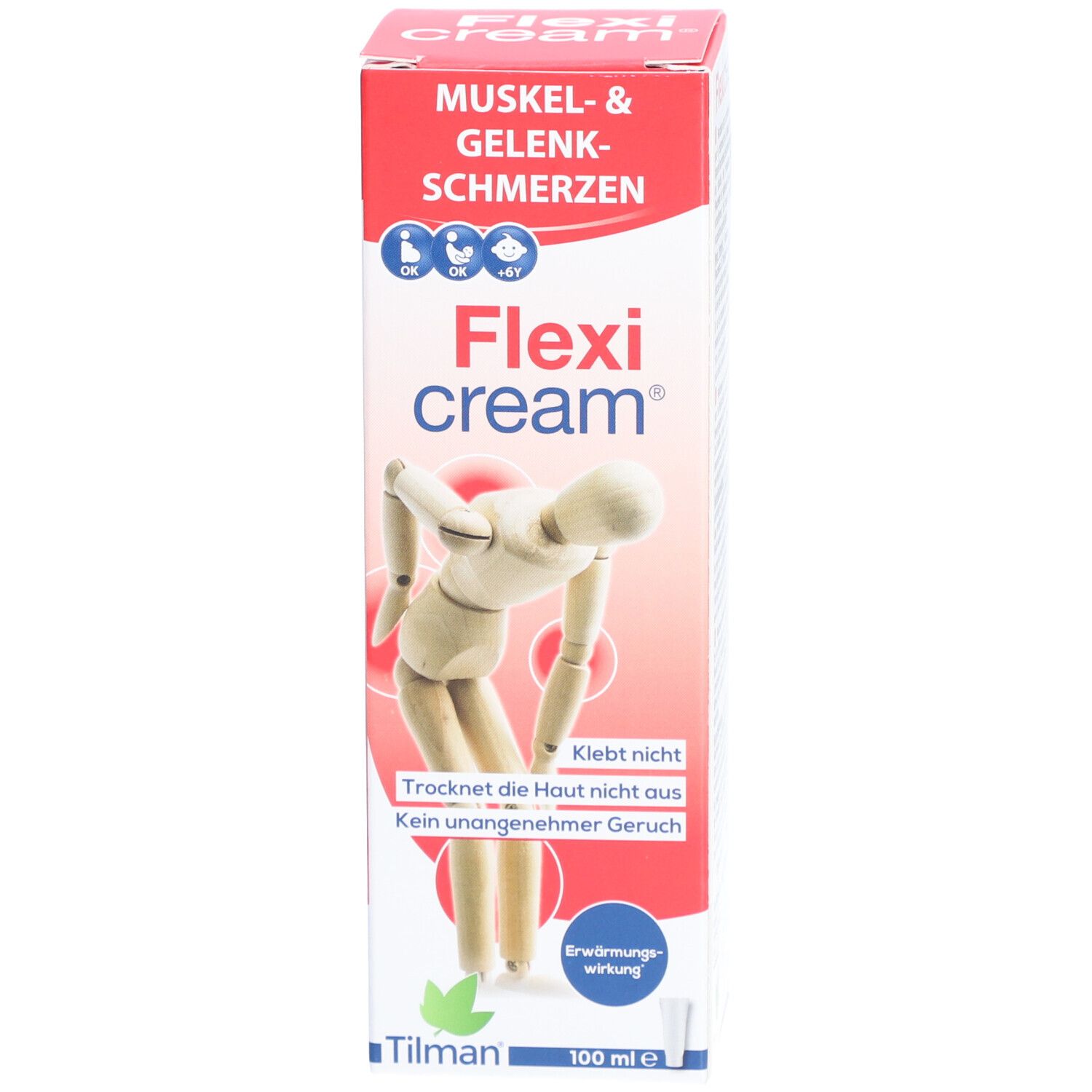 Creme-Tube und Schachtel. Flexi cream®-Logo. Aufschrift: Muskel- und Gelenkschmerzen. 100 ml.