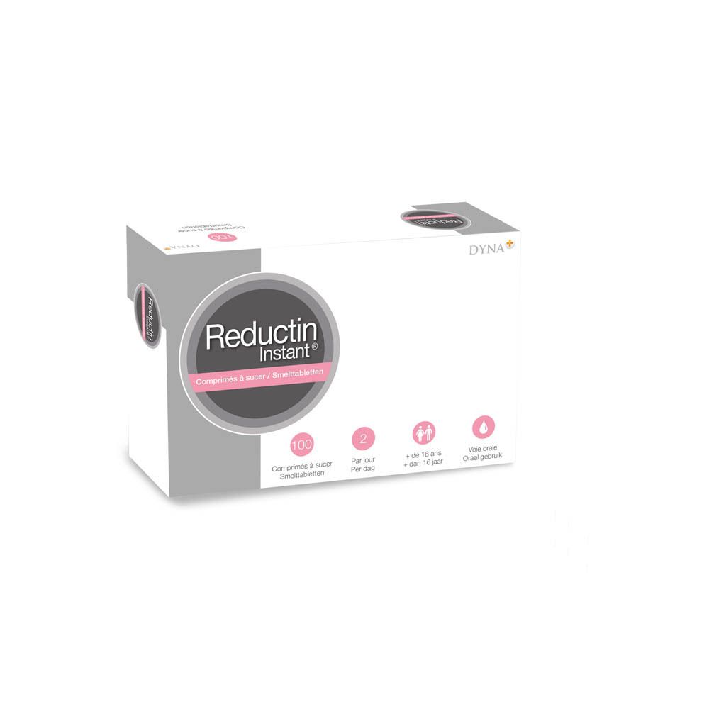 Boîte blanche "Reductin Instant". Contient 100 comprimés. Texte en français. Logo Dyna+.
