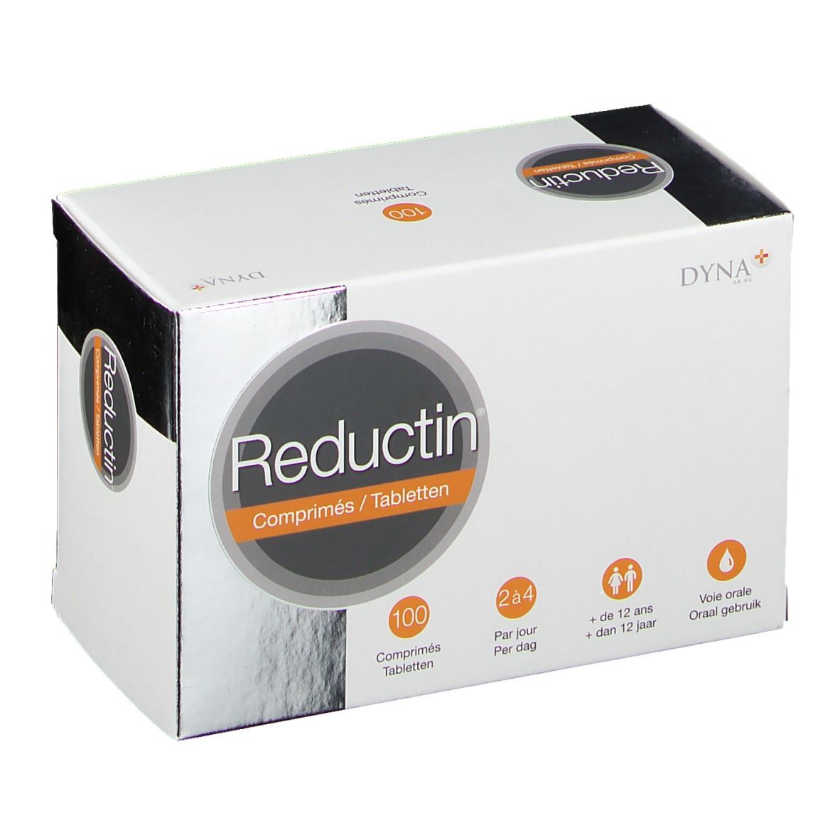Weißer Karton mit "Reductin" und "100 Tabletten". Orangefarbener Kreis mit Produktnamen. Logos und Text in mehreren Sprachen.