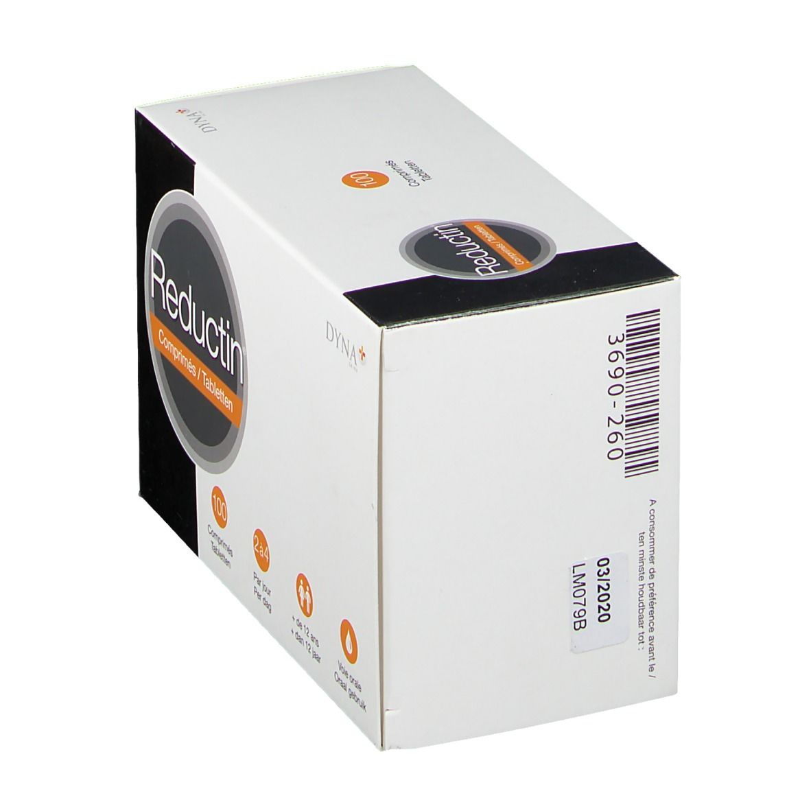 Weißer Karton mit "Reductin". Rückseite mit Barcode und Chargennummer. Text in mehreren Sprachen.