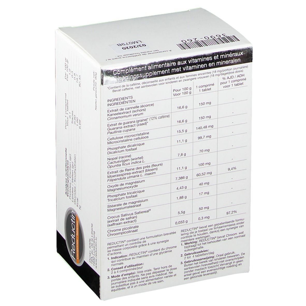 Rückseite des Kartons mit Inhaltsstoffen und Nährwertangaben. Text in mehreren Sprachen.