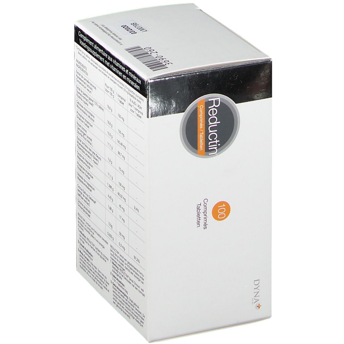 Weißer Karton mit "Reductin" und "100 Tabletten". Rückseite mit Inhaltsstoffen und Nährwertangaben. Text in mehreren Sprachen.