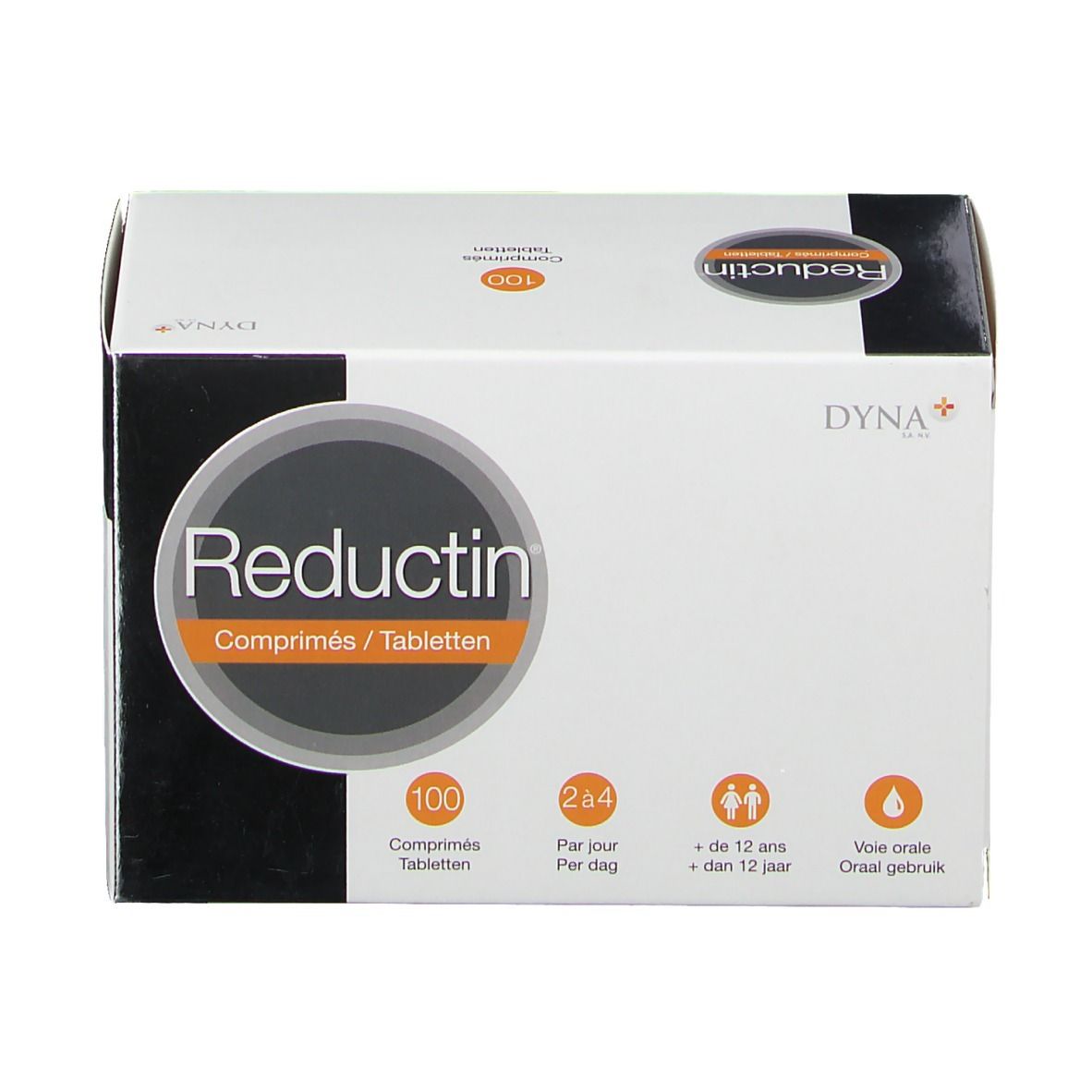 Weißer Karton mit "Reductin" und "100 Tabletten". Orangefarbener Kreis mit Produktnamen. Logos und Text in mehreren Sprachen.