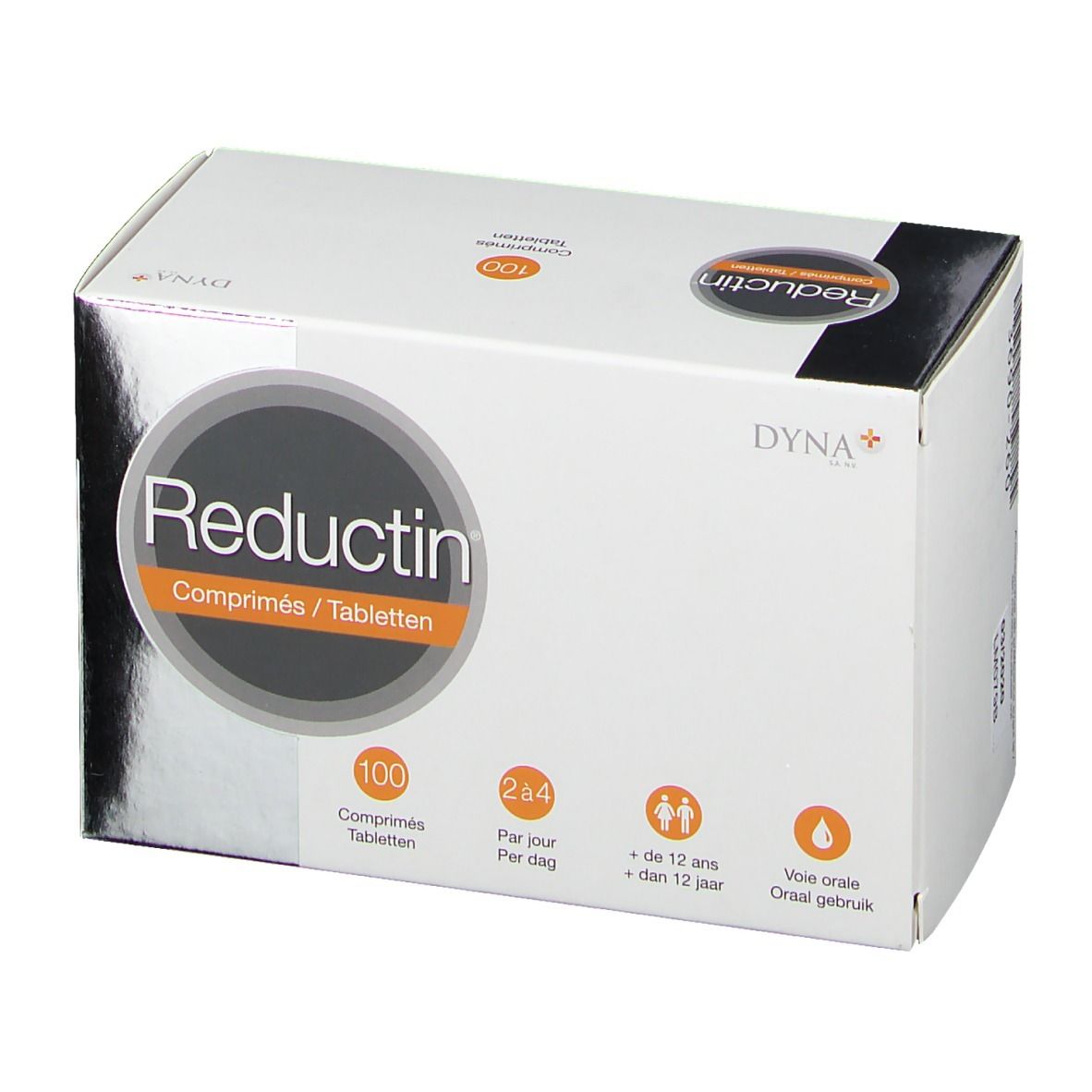 Weißer Karton mit "Reductin" und "100 Tabletten". Orangefarbener Kreis mit Produktnamen. Logos und Text in mehreren Sprachen.
