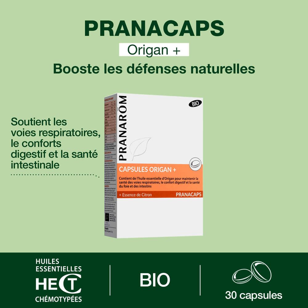 Boîte de gélules. Inscription: CAPSULES ORIGAN + Essence de Citron. Label BIO.