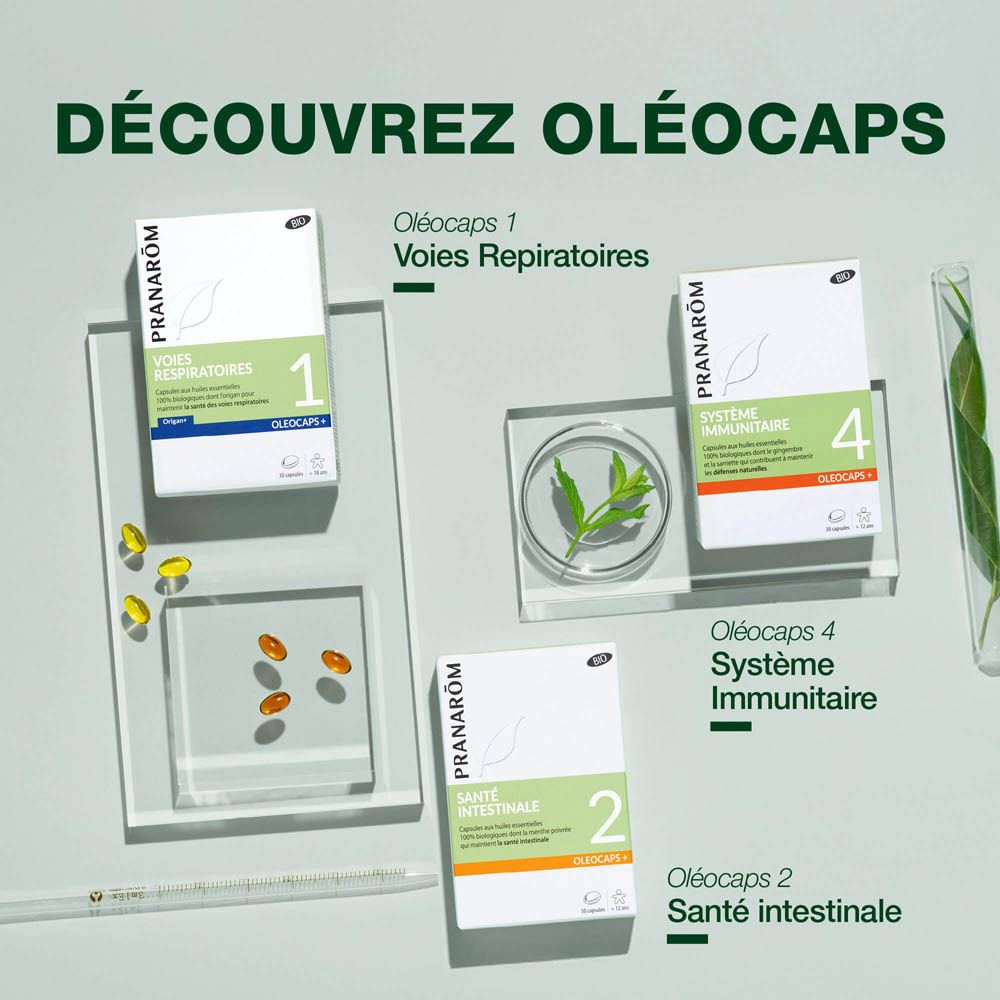 Boîte blanche avec capsules. Inscription: CAPSULES ORIGAN + Essence de Citron. Label BIO. Capsules jaunes à côté.