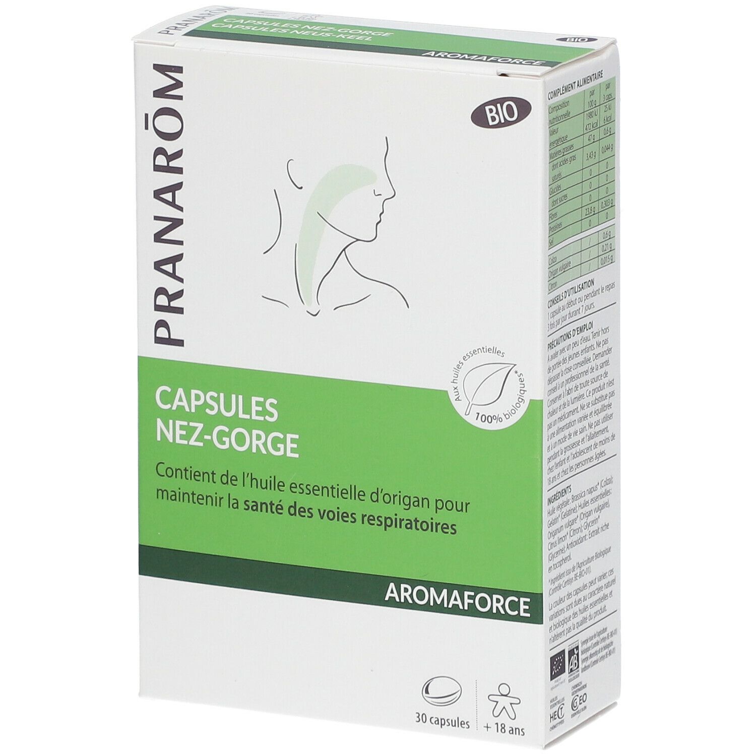 PRANARÔM - Aromaforce - Capsules Nez-Gorge - Compléments Alimentaires Aux Huiles Essentielles - Origan(*) - (*) Maintient La Santé Des Voies Respiratoires - 100% Bio - 30 Capsules