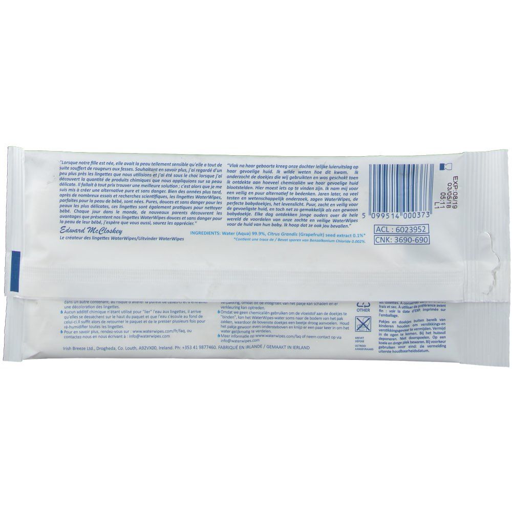 Rückseite einer Packung Feuchttücher mit Text und Barcode.