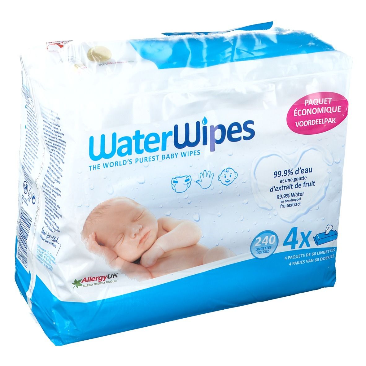 Paquet de lingettes pour bébés. Emballage bleu et blanc avec nom du produit et image de bébé. Contient 4 paquets de 60 lingettes.