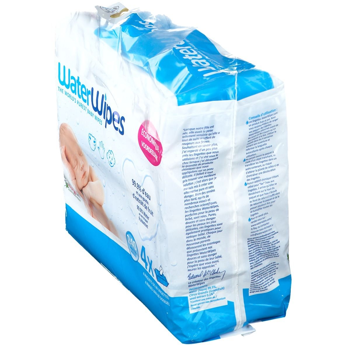 Paquet de lingettes pour bébés. Emballage bleu et blanc avec nom du produit et texte. Dos avec texte et informations.