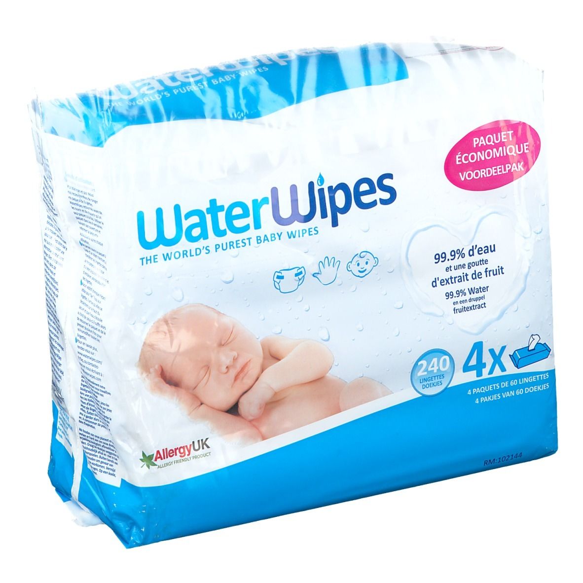 Paquet de lingettes pour bébés. Emballage bleu et blanc avec nom du produit et image de bébé. Contient 4 paquets de 60 lingettes.