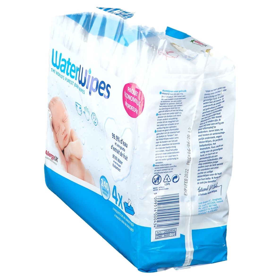 Paquet de lingettes pour bébés. Emballage bleu et blanc avec nom du produit et texte. Dos avec texte et informations.