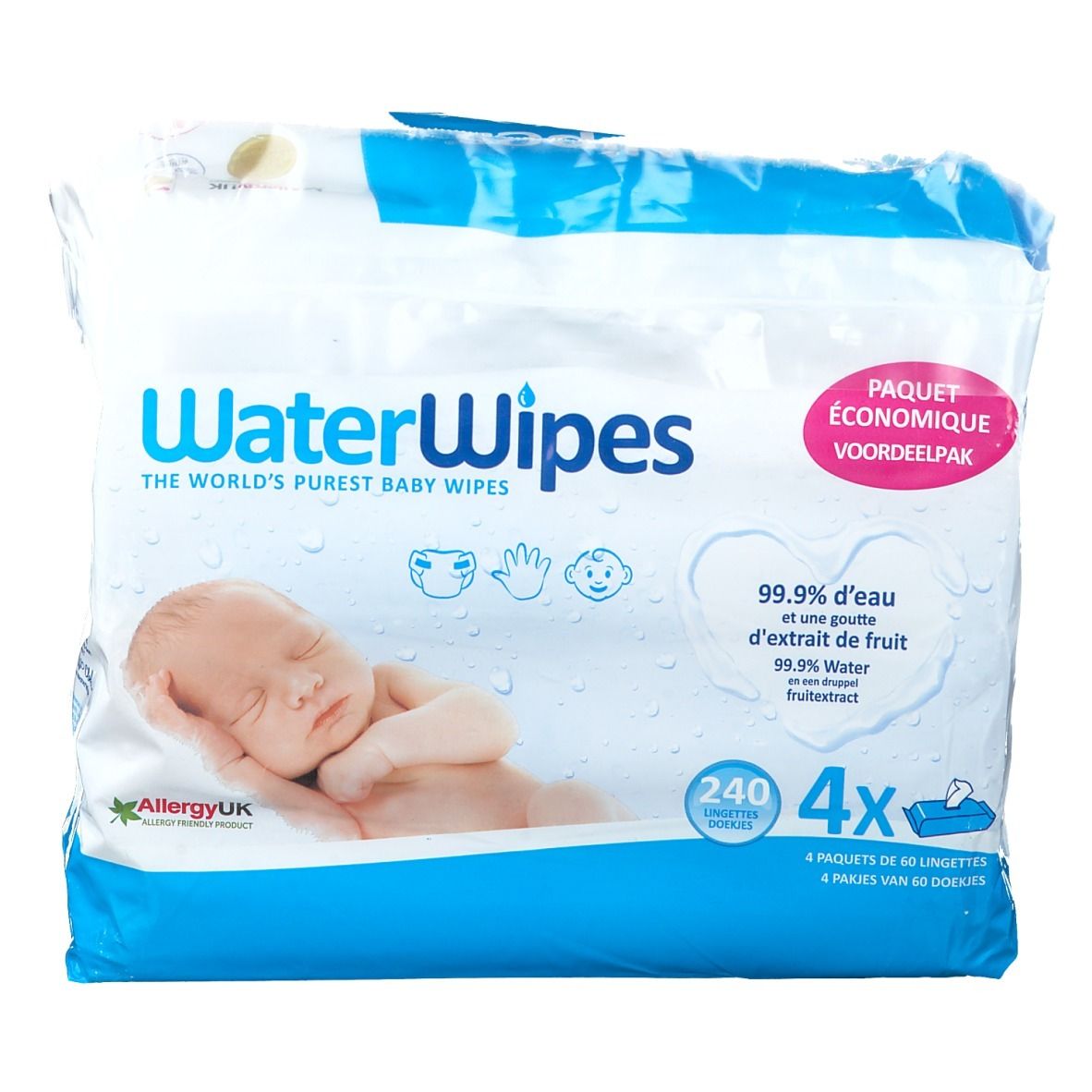 Paquet de lingettes pour bébés. Emballage bleu et blanc avec nom du produit et image de bébé. Contient 4 paquets de 60 lingettes.