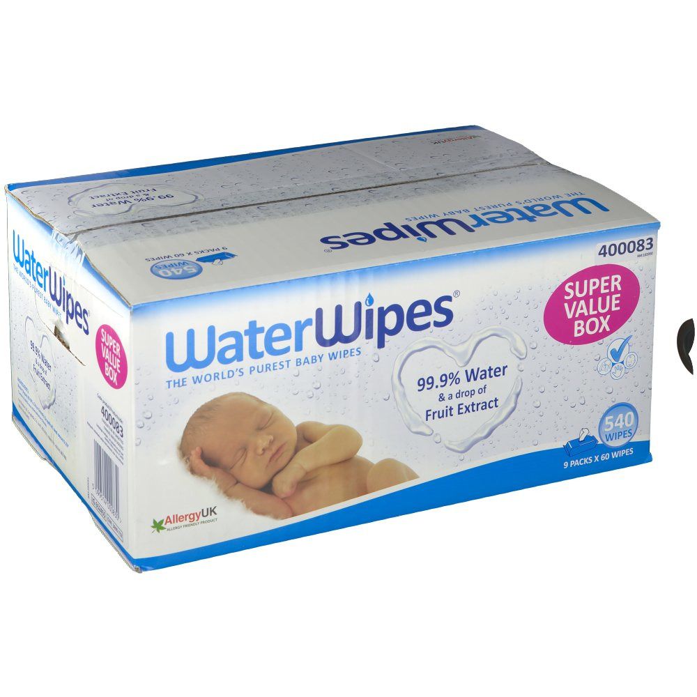 Boîte en carton de lingettes WaterWipes. Inscription : 99,9 % d'eau et extrait de fruits. Super Value Box. 540 lingettes.