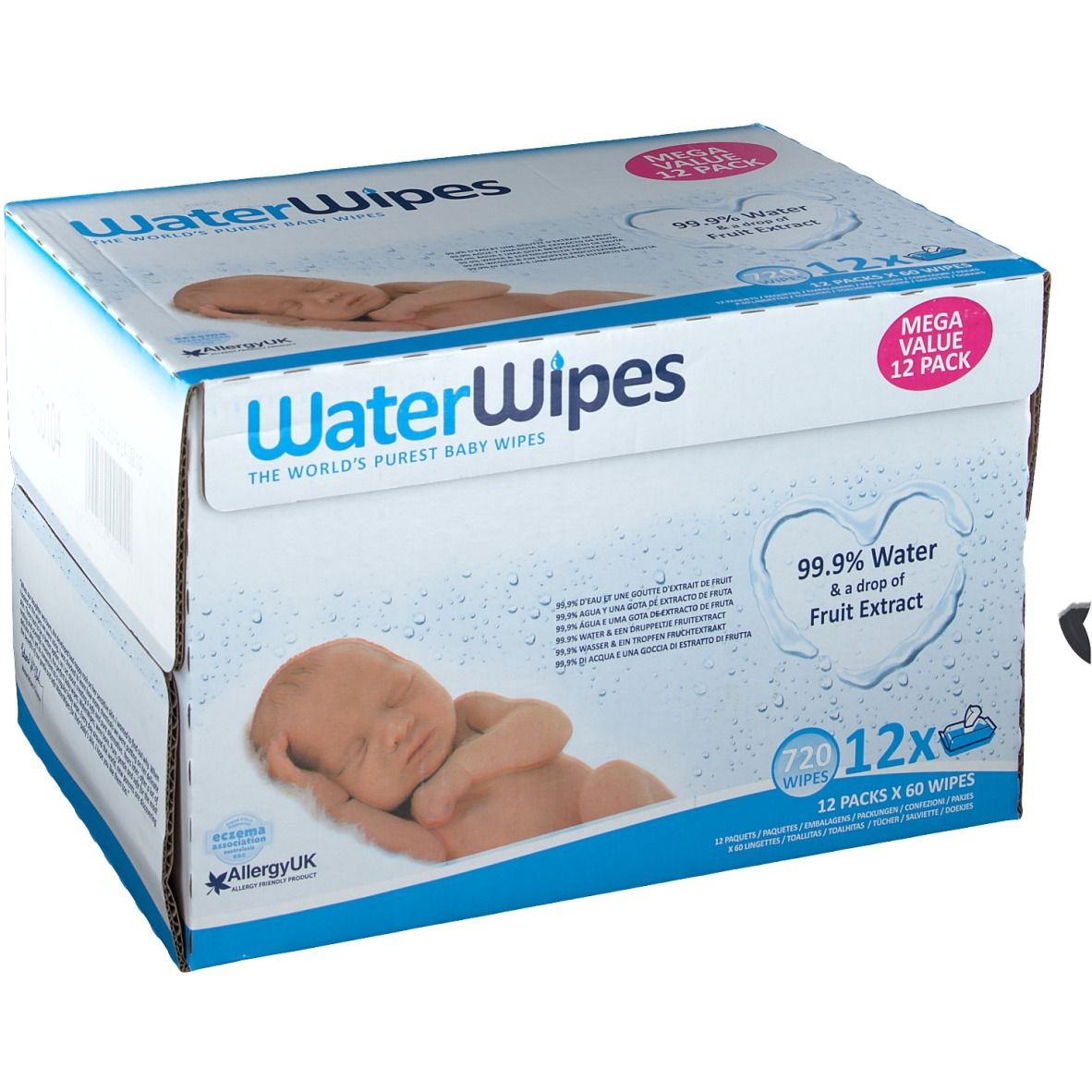 Boîte de lingettes WaterWipes. Inscription : 99,9 % d'eau et extrait de fruits, 12x60 lingettes. Image d'un bébé.