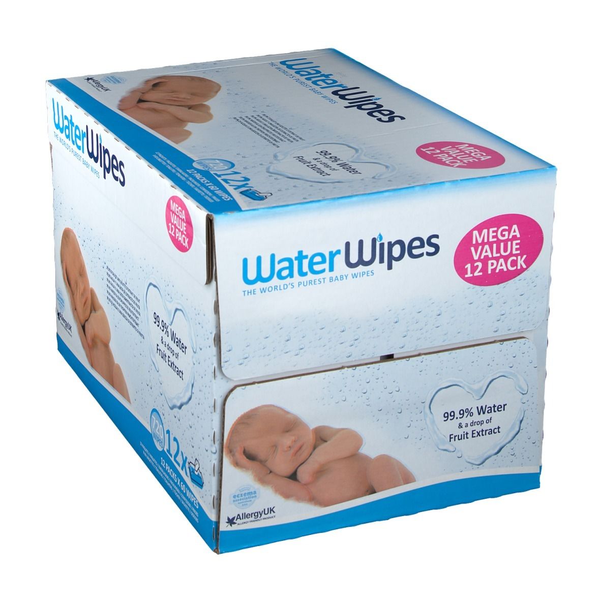 Boîte de lingettes WaterWipes. Inscription : 99,9 % d'eau et extrait de fruits, 12x60 lingettes. Image d'un bébé.