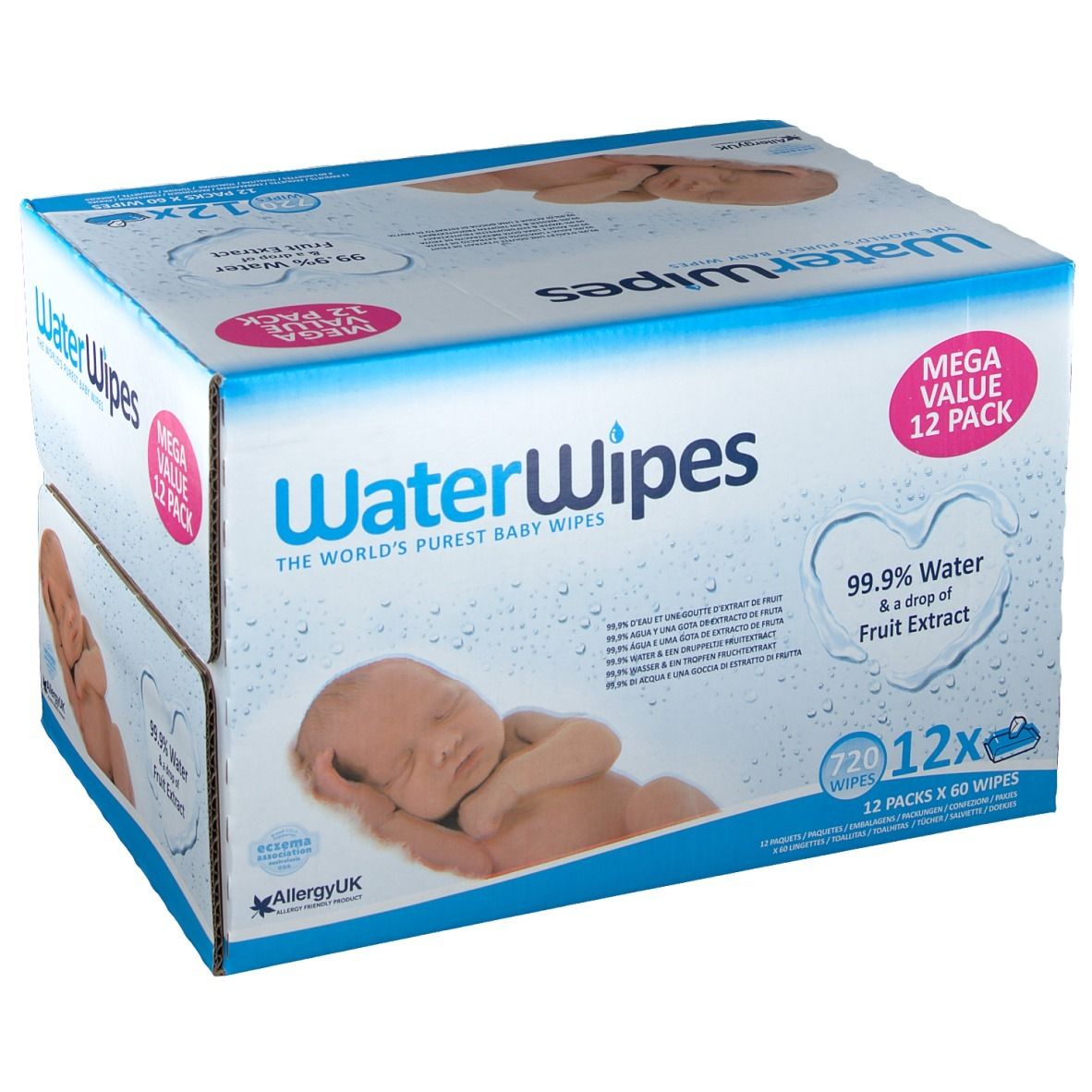 Boîte de lingettes WaterWipes. Inscription : 99,9 % d'eau et extrait de fruits, 12x60 lingettes. Image d'un bébé.