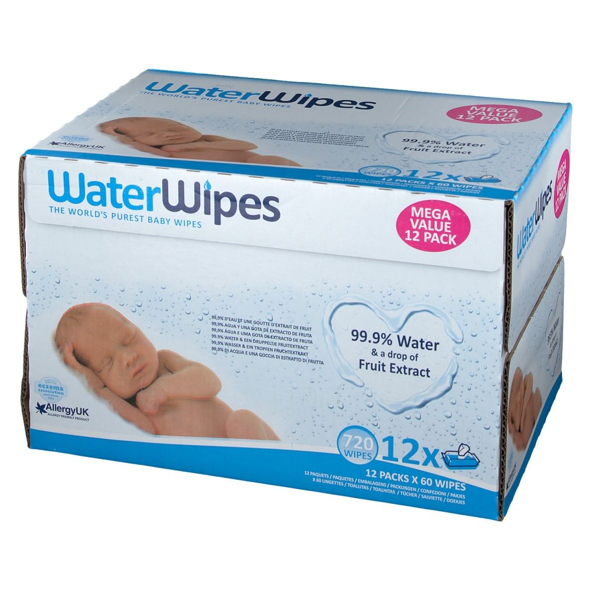Boîte de lingettes WaterWipes. Inscription : 99,9 % d'eau et extrait de fruits, 12x60 lingettes. Image d'un bébé.
