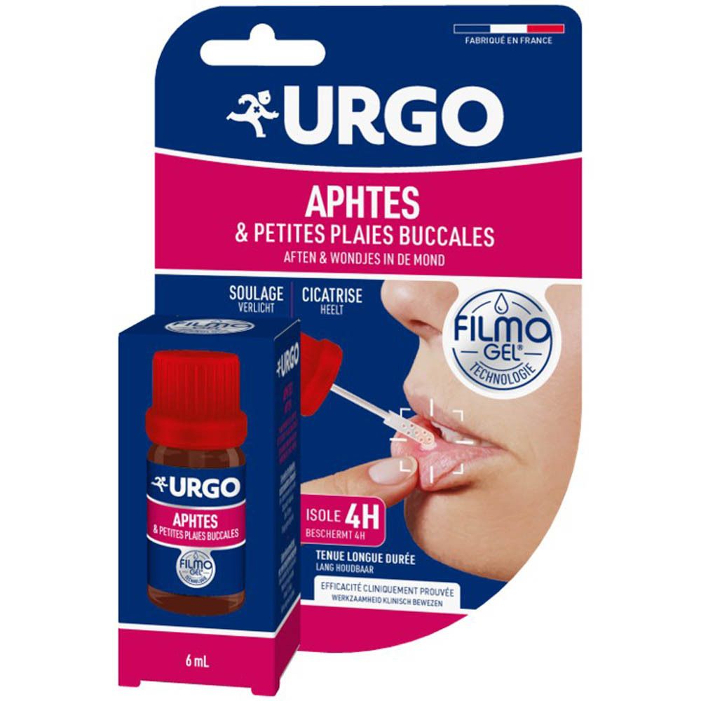 URGO Filmogel Aphtes Flasche und Verpackung. Rote Kappe und Applikator. Mund mit Aphthe. Blaue Verpackung.