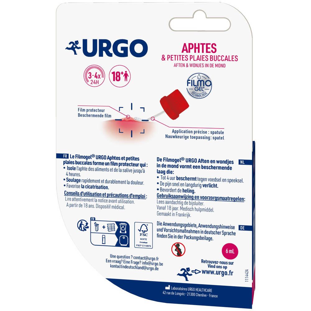Rückseite der Verpackung von URGO Filmogel Aphtes. Produktinformationen, Applikator und Abbildung einer Aphthe.