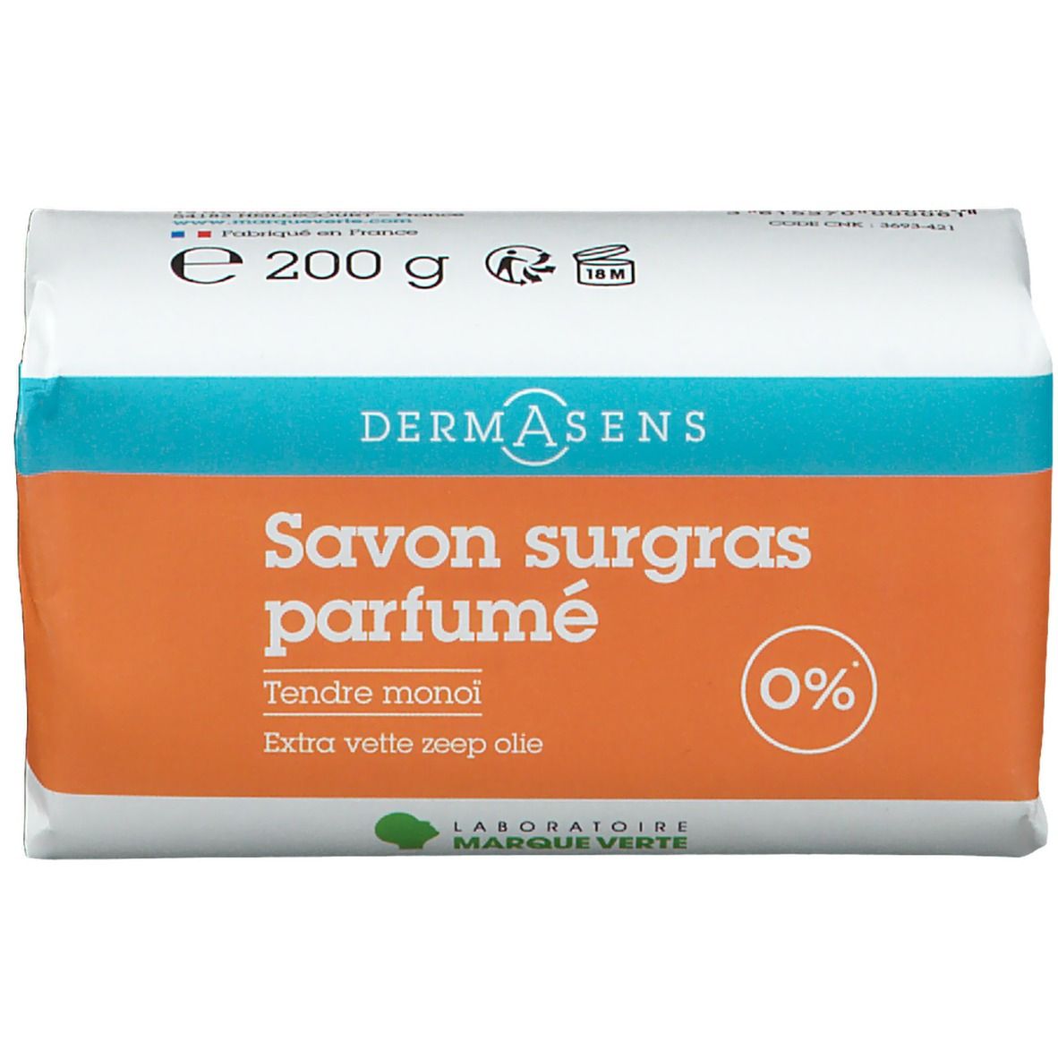 Rechteckige Seife in Verpackung. Marke DermAsens. Aufschrift: Savon surgras parfumé. Mit 0% gekennzeichnet.