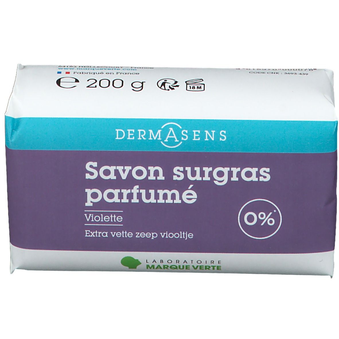 Savon surgras parfumé Violette, emballé. Marque DermAsens. Poids : 200 g. Label Marque Verte. Inscription : Extra vette zeep viooltje.